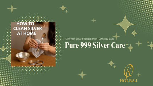 Picture of a woman gently polishing BIS-certified 999 pure silver utensils and jewelry at home with natural cleaning method on a green background with HOLRAJ logo