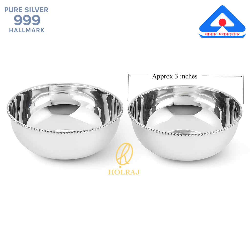 Two BIS hallmarked 999 pure silver bowls gift with dimensions 3 inches each on a white background by Holraj