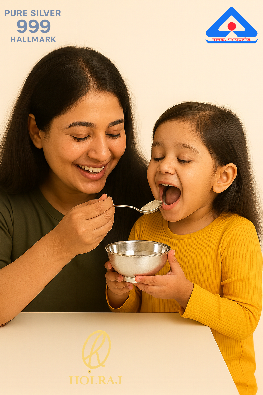 Woman feeding a child with a spoon, both looking at a 999 pure Silver BIS halmarked bowl of silver by the Holraj brand.