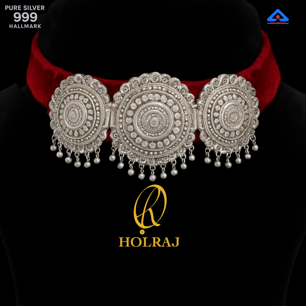 ChandraKala™ Galoband by Holraj brand, 999 Hallmark Pure Silver Medallion Choker Necklace – Handcrafted Indian Jewellery