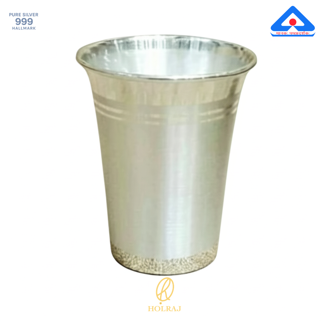 Pure 999 Silver Ghat Glass from Holraj with 3-inch height and 2.5-inch mouth diameter – traditional drinkware with BIS hallmark.