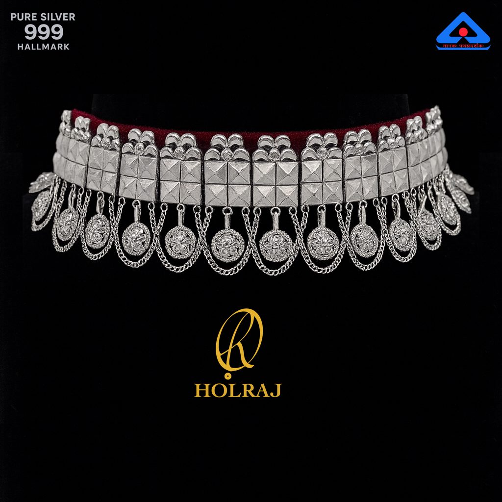 “KanakShree™ Galoband by Holraj, 999 Hallmark Pure Silver Choker Necklace with Pyramid Plaques and Medallion Fringe – Handcrafted Indian Jewellery”
