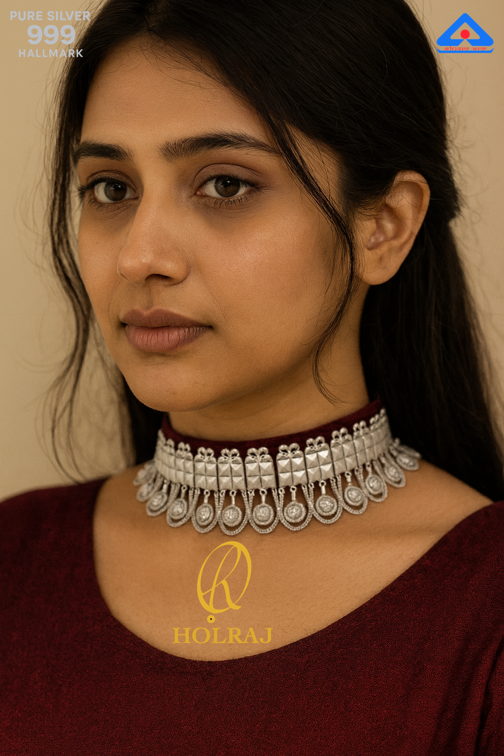 Woman wearing Holraj branded KanakShree™ Galoband 999 Hallmark Pure Silver Choker Necklace with Pyramid Plaques and Medallion Fringe – Handcrafted Indian Jewellery