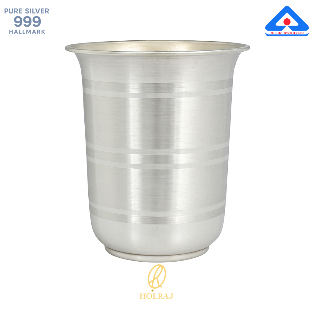 Holraj branded handcrafted 999 silver milk glass with a flared rim and polished bands, BIS hallmarked and ideal for traditional use.