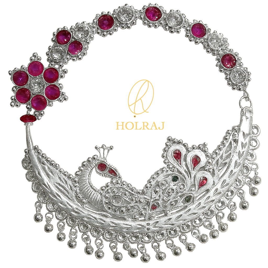 Morni Nath – handcrafted 999 silver nosering featuring twin peacocks, red stones, and filigree work, inspired by Indian bridal traditions. Only at HOLRAJ