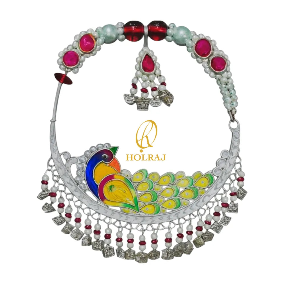 Holraj branded Peacock Tehri Nath – handcrafted BIS Hallmarked 999 pure silver nosering with colorful peacock enamel and beads, inspired by Uttarakhand’s bridal jewelry against a white background.