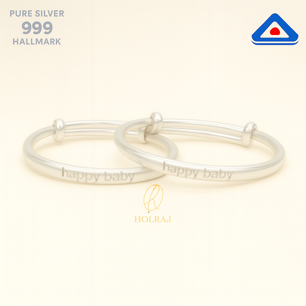 Pair of pure 999 silver baby kadas with "Happy Baby" engraving and swirl embossing from Holraj