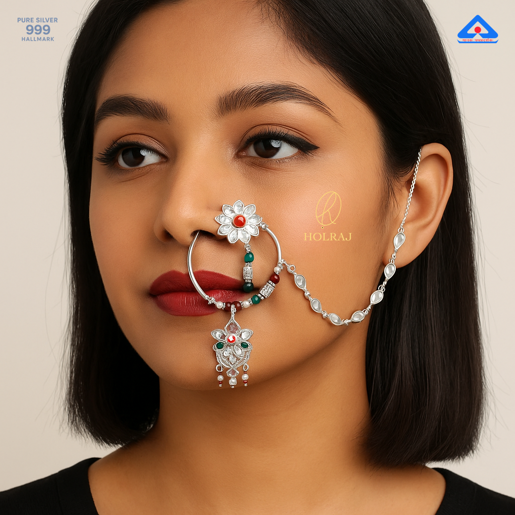 RajKusum™ – Pure 999 Silver Nath (Nose Ring with Chain)