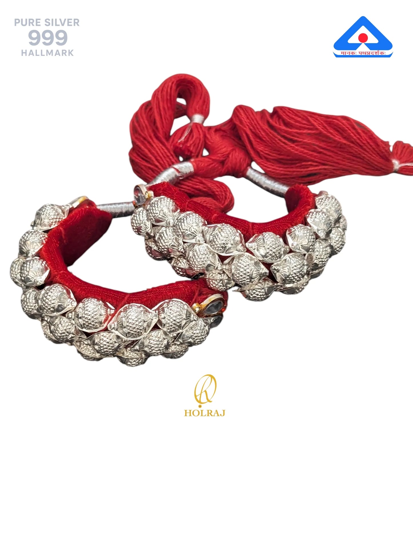 999 purity Silver ponchi with red thread on a white background, featuring Holraj brand logo.
