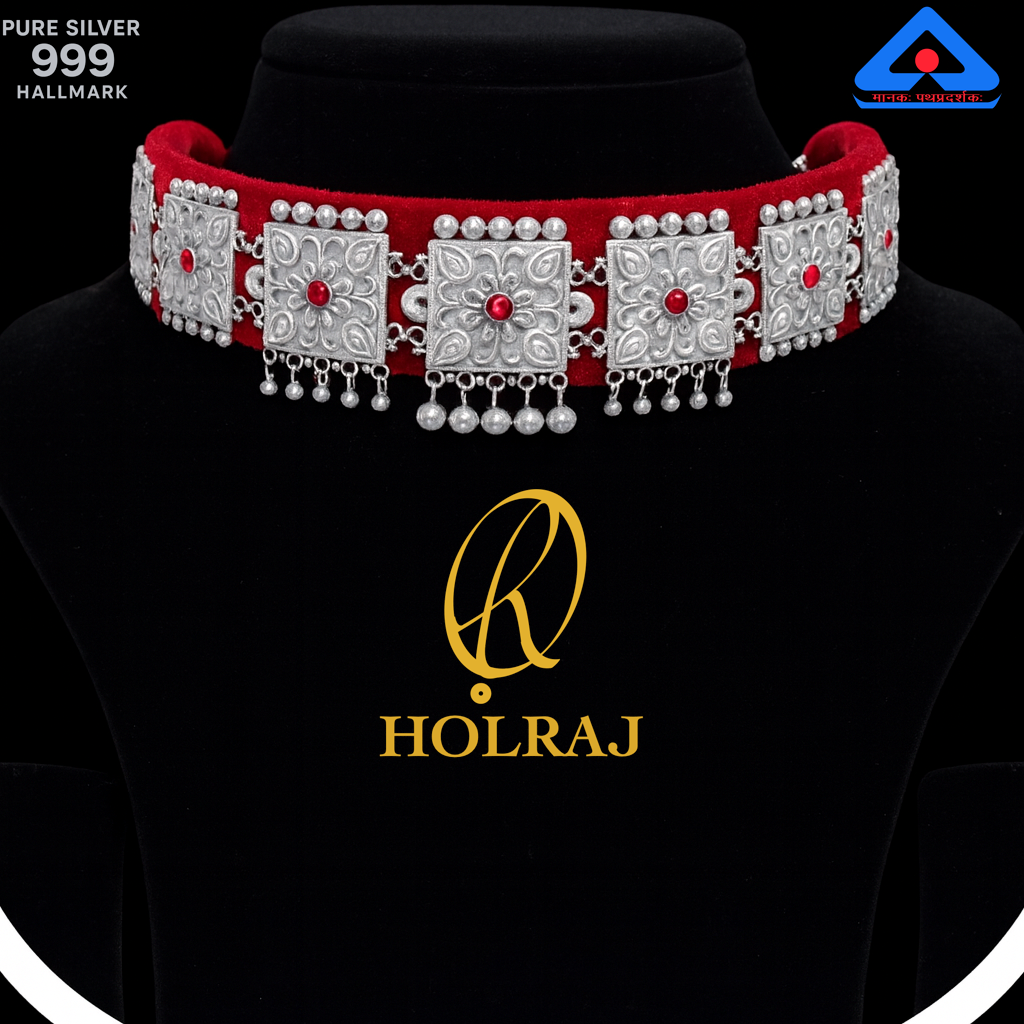 RajRati™ Galoband 999 Hallmark Pure Silver Choker Necklace with Red Accents by Holraj– Handcrafted Indian Jewellery