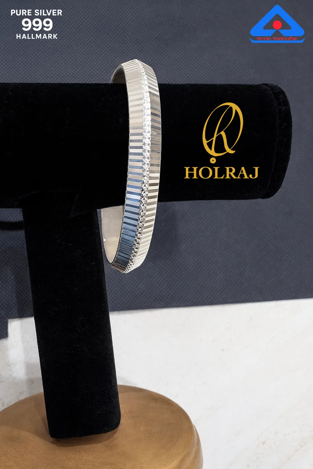 RajRidhi 999 Pure Silver Sikh Kada by HOLRAJ with vertical fluted 3D design – front view
