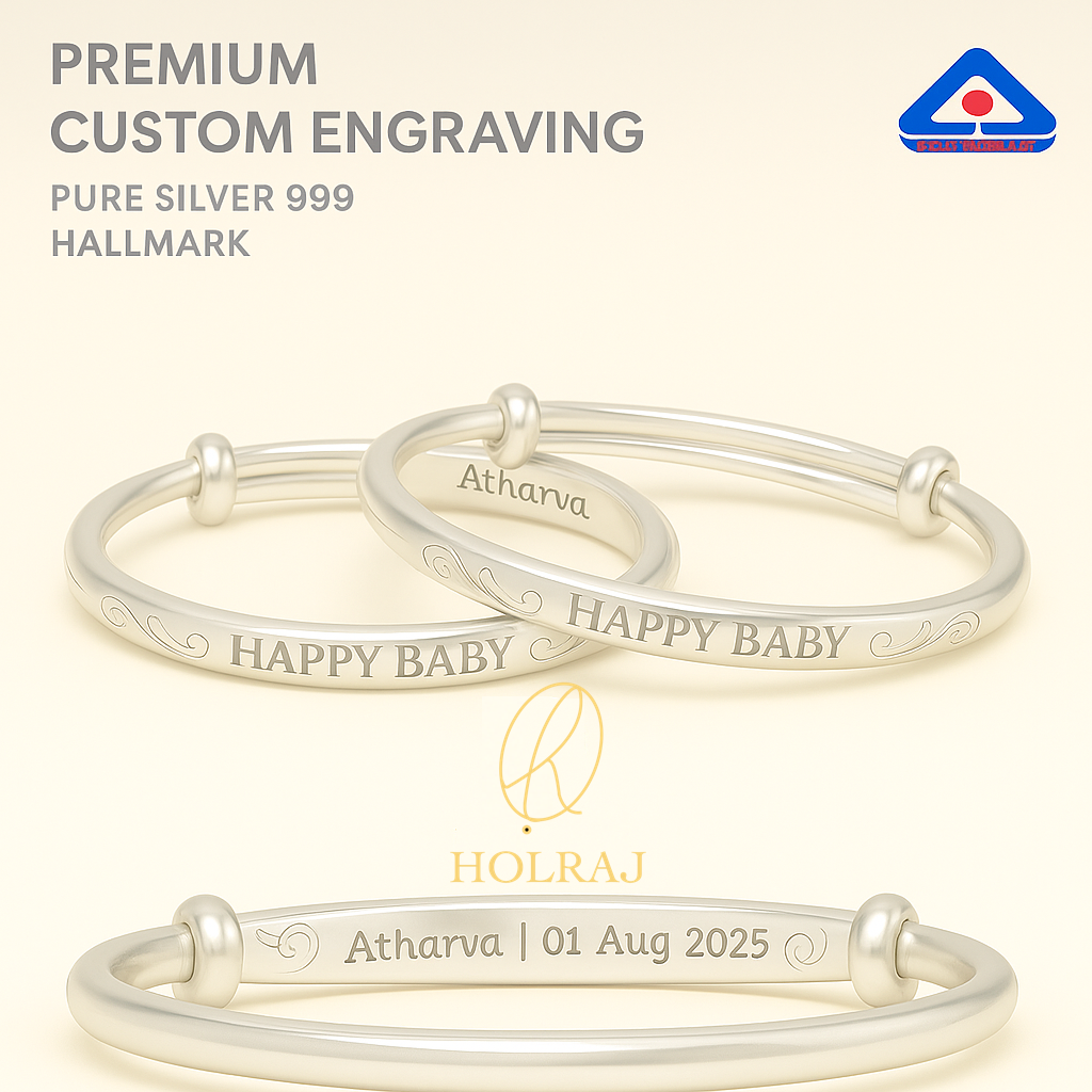 Personalized baby silver kada pair engraved with name and date in Pure 999 silver, perfect for gifting