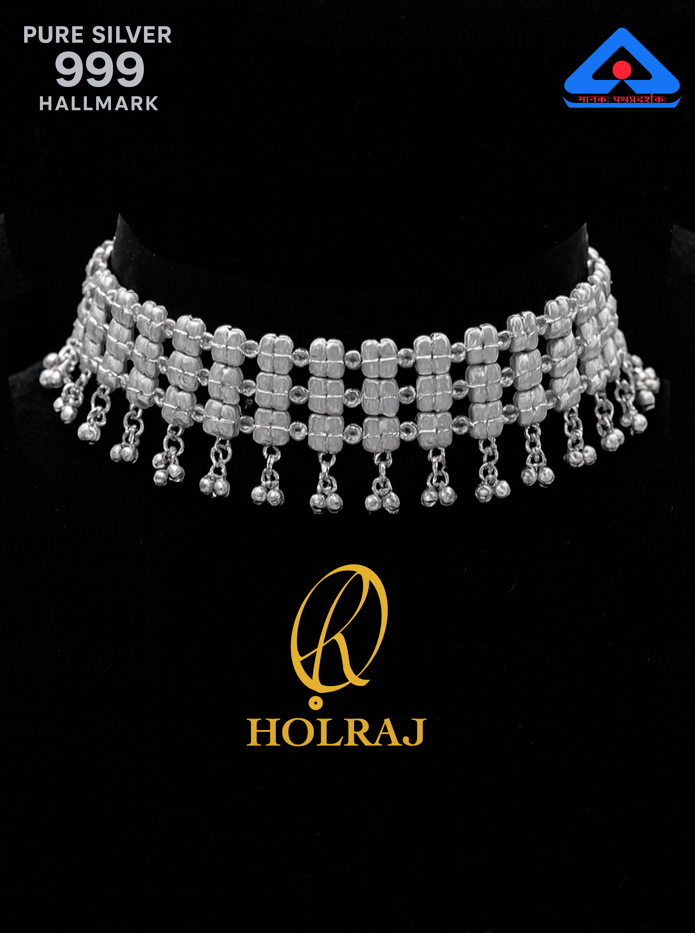 RatnaLalita™ Galoband by Holraj, 999 Hallmark Pure Silver Beaded Choker Necklace – Handcrafted Indian Jewellery