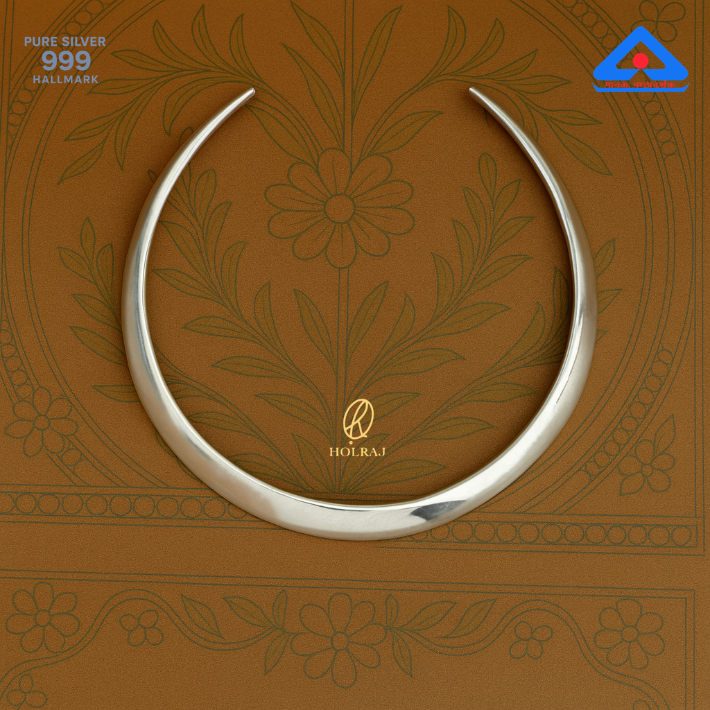 Shuddh Hansuli Grace and Majesty – 999 pure silver minimalist choker necklace with high-polish finish by Holraj.