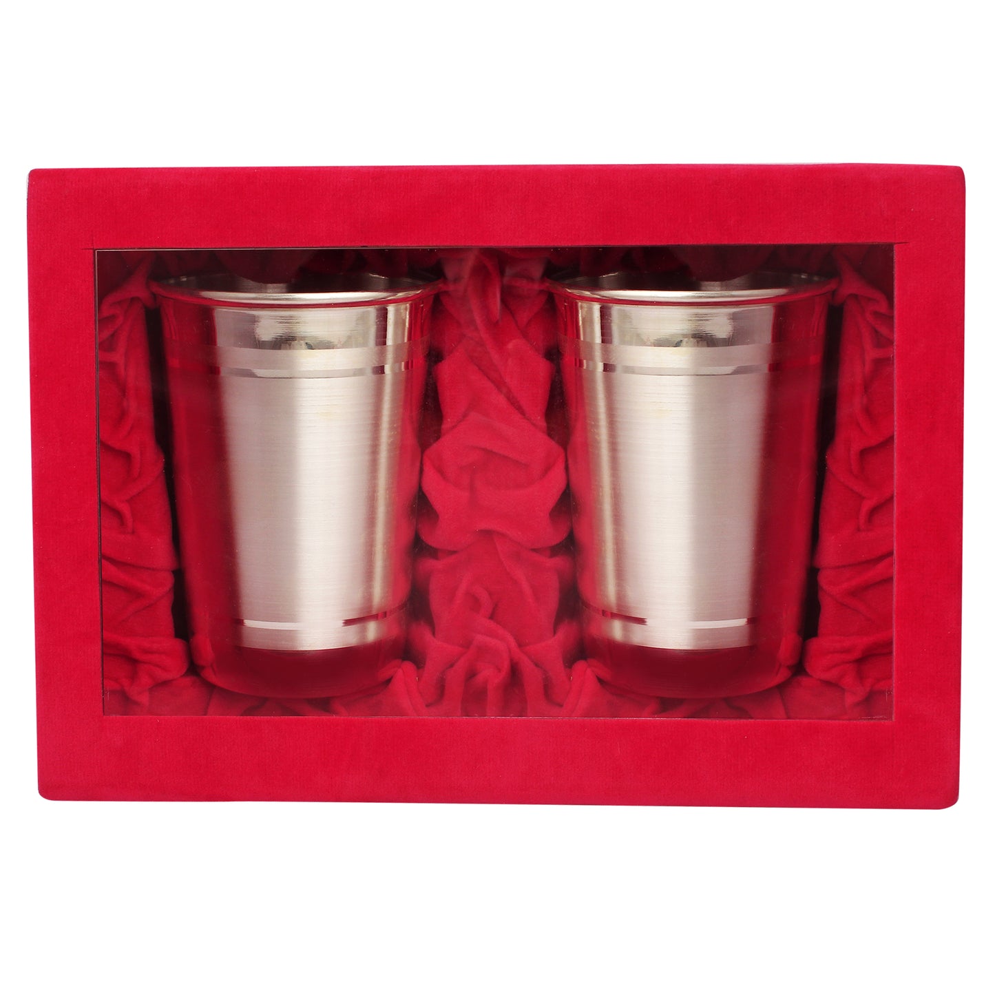 Two Holraj branded RajLassi BIS Hallmarked pure 999 silver cups in a red gift box.