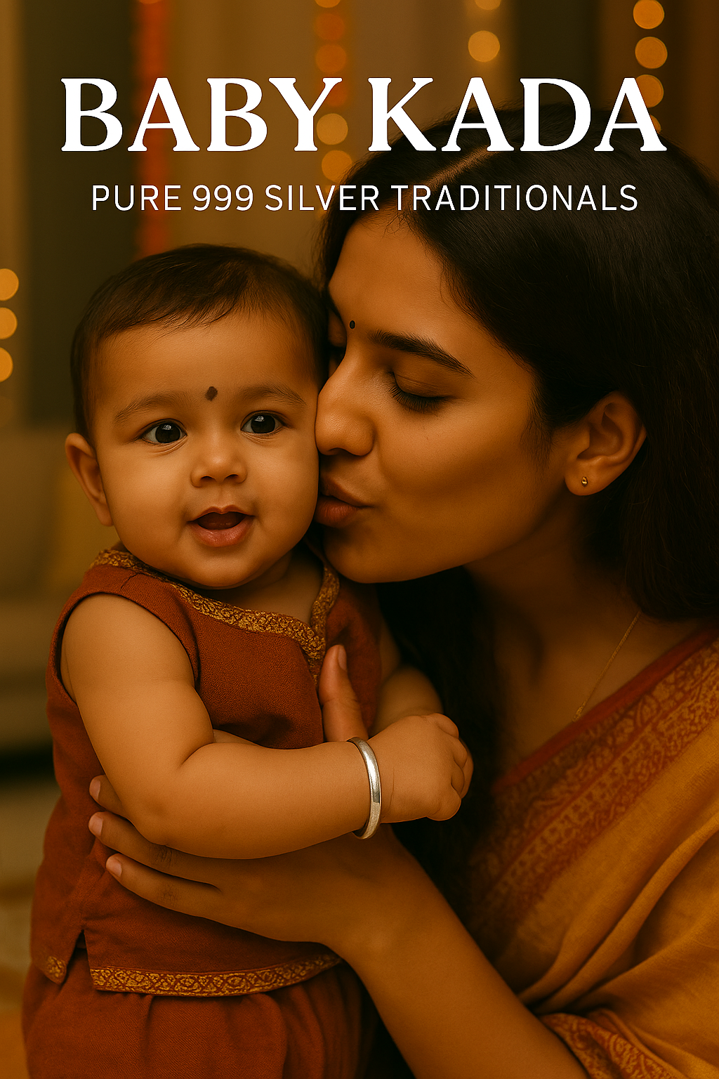 Smiling baby wearing a pure 999 silver kada on the wrist, held lovingly by the mother in a festive saree, with soft lighting and bokeh in the background. Text reads “Baby Kada – Pure 999 Silver Traditionals.”