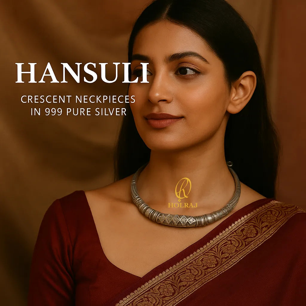 Banner image of a woman wearing a traditional Hansuli / Torc leading to a curated collection of traditional 999 pure silver Hansuli neckpieces by Holraj brand.