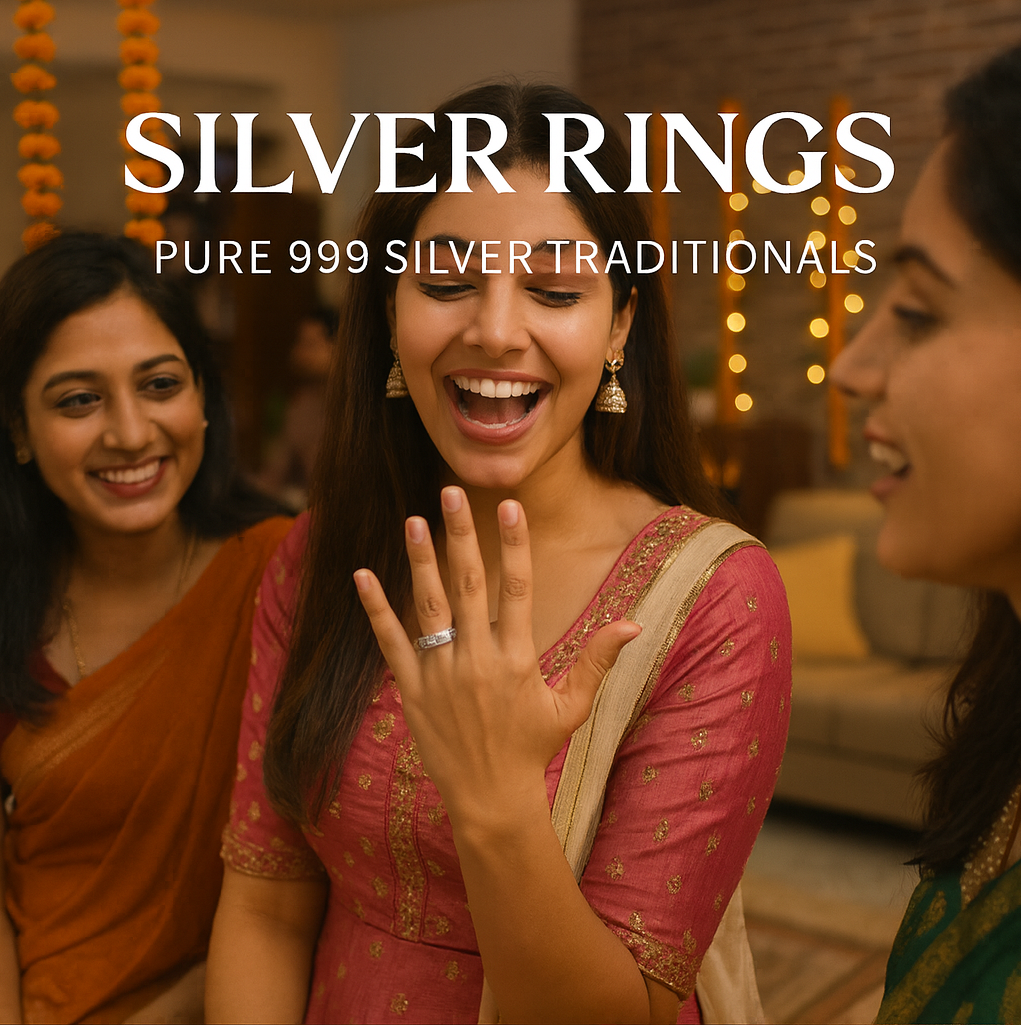 Young Indian woman happily shows off a silver ring to her friends during a festive gathering at home. Text reads “Silver Rings – Pure 999 Silver Traditionals” with marigold decor and fairy lights in the background.