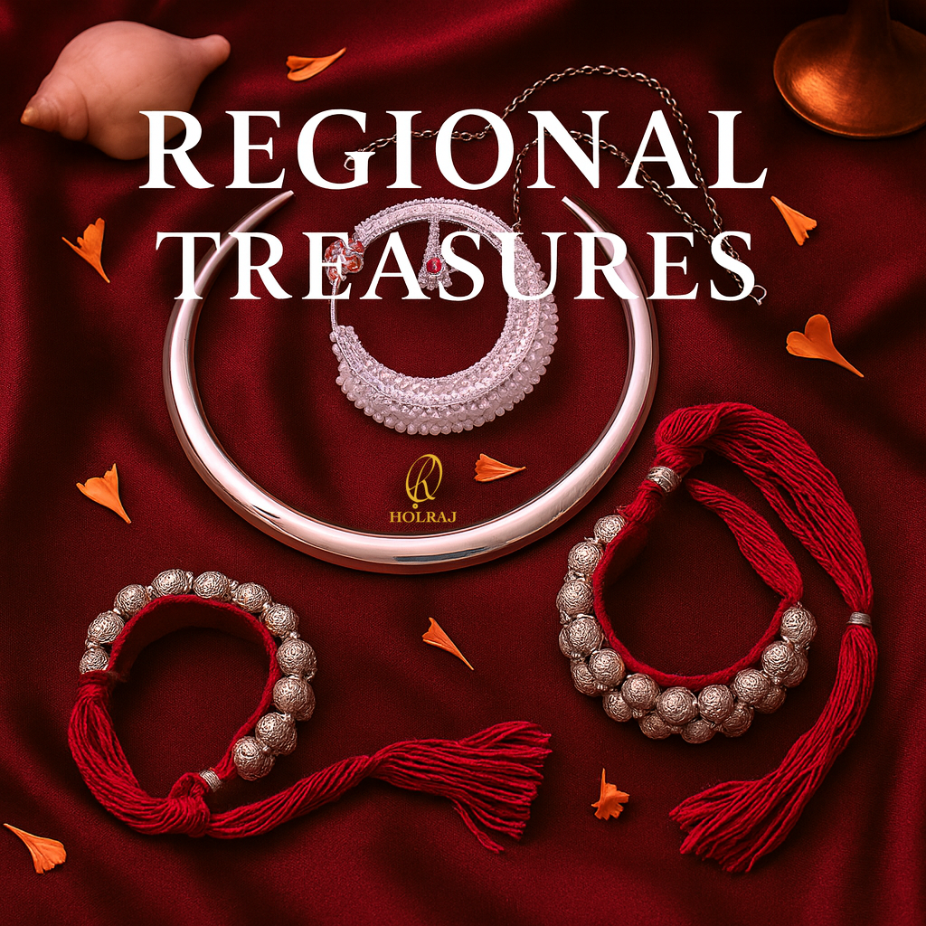 Holraj branded Silver Hansuli choker, Nath nose ring, and Ponchi bracelets on maroon silk with marigolds, conch shell, and brass lamp.