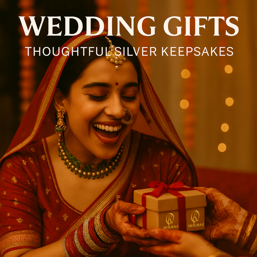 Ecstatic Indian bride in red bridal attire receives a Holraj wedding gift box tied with a red ribbon. She smiles joyfully, surrounded by festive lights and marigold decor. Text reads “WEDDING GIFTS – THOUGHTFUL SILVER KEEPSAKES.”