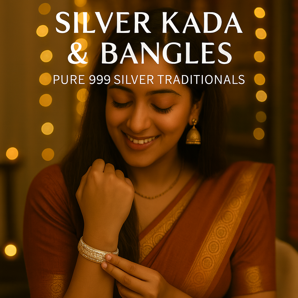 Indian woman in a festive saree smiling while adjusting a pair of pure 999 silver bangles on her wrist, with golden lights and marigold decor in the background. Text reads “Silver Kada & Bangles – Pure 999 Silver Traditionals."