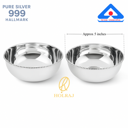 Two BIS hallmarked 999 pure silver bowls gift with dimensions 5 inches each on a white background by Holraj