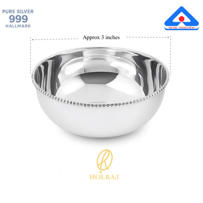 BIS Hallmarked 999 pure Silver bowl with diameter 3 inches and 'HOLRAJ' branding on a white background