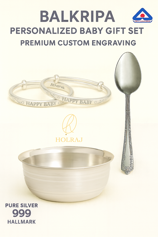 BalKripa™ Personalized Baby Gift Set by Holraj - with 999 silver kada pair, engraved spoon, and bowl on cream background.