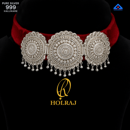 ChandraKala™ Galoband by Holraj brand, 999 Hallmark Pure Silver Medallion Choker Necklace – Handcrafted Indian Jewellery