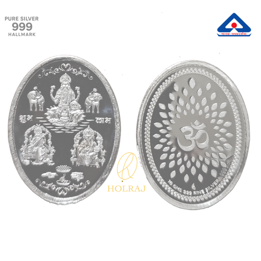 999 silver oval coin featuring Goddess Lakshmi and Lord Ganesha on one side, and Om symbol with lotus design on the reverse.