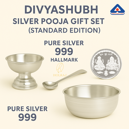 DIVYASHUBH Silver Pooja Gift Set Standard Edition in BIS Hallmark 999 pure silver with bowl, spoon, diya and Lakshmi-Ganesh Coin by Holraj