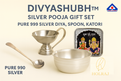 DIVYASHUBH Silver Pooja Gift Set Premium Edition in BIS Hallmark 999 pure silver with bowl, spoon, diya and Enamelled Lakshmi-Ganesh Coin by Holraj