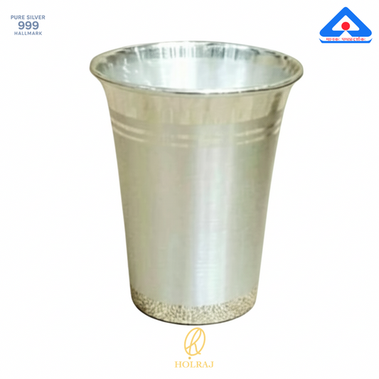 Pure 999 Silver Ghat Glass from Holraj with 3-inch height and 2.5-inch mouth diameter – traditional drinkware with BIS hallmark.