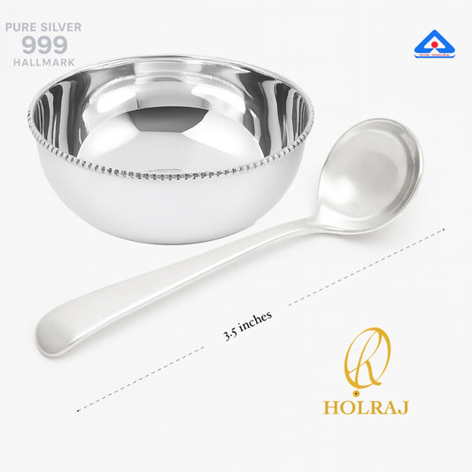 RajAmrit spoon and AmritPatra 999 pure silver bowl gift set - handcrafted silver essentials for rituals and gifting.