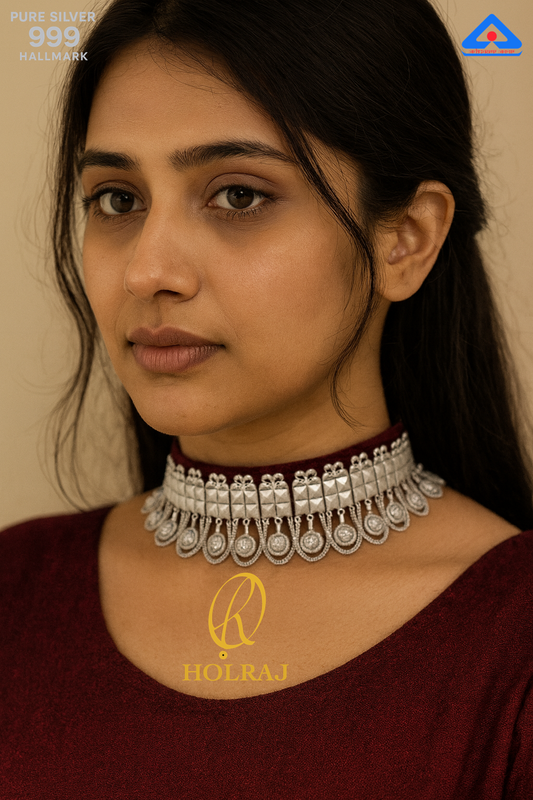 Woman wearing Holraj branded KanakShree™ Galoband 999 Hallmark Pure Silver Choker Necklace with Pyramid Plaques and Medallion Fringe – Handcrafted Indian Jewellery