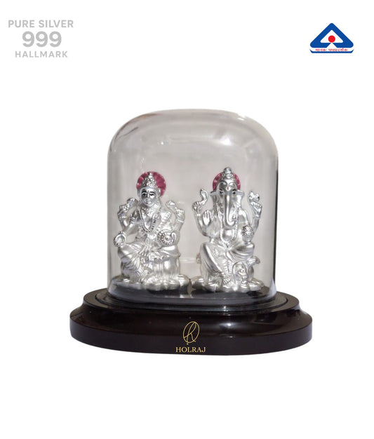 999 pure silver Lakshmi and Ganesha idols encased in a clear dome with a dark-brown base – Holraj Exclusive