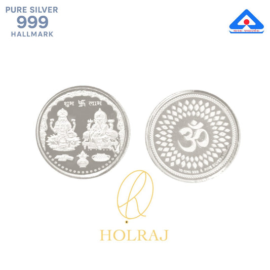 Front & back views of Holraj’s 10g 999 pure silver coin featuring Lakshmi-Ganesh and Om symbol designs