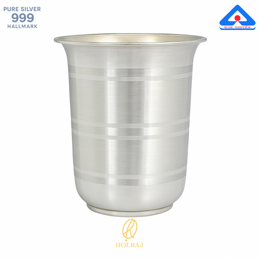 Holraj branded handcrafted 999 silver milk glass with a flared rim and polished bands, BIS hallmarked and ideal for traditional use.