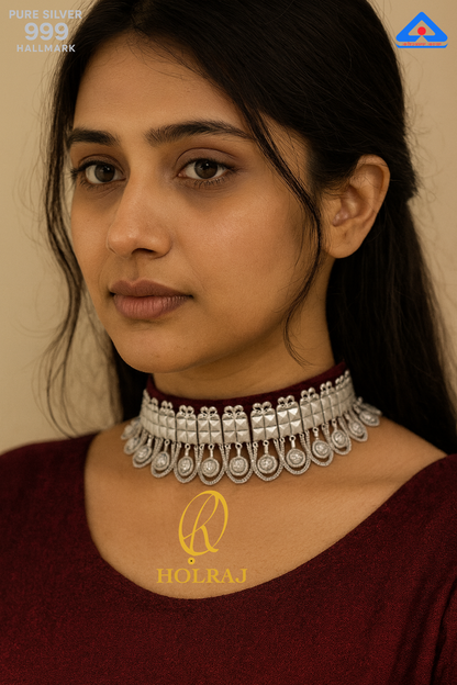 Woman wearing Holraj branded KanakShree™ Galoband 999 Hallmark Pure Silver Choker Necklace with Pyramid Plaques and Medallion Fringe – Handcrafted Indian Jewellery