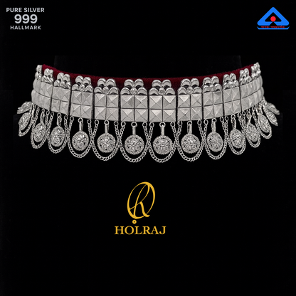 “KanakShree™ Galoband by Holraj, 999 Hallmark Pure Silver Choker Necklace with Pyramid Plaques and Medallion Fringe – Handcrafted Indian Jewellery”