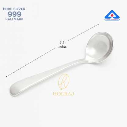 Silver charanamrit spoon with measurement details by Holraj brand