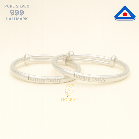 Pair of pure 999 silver baby kadas with "Happy Baby" engraving and swirl embossing from Holraj