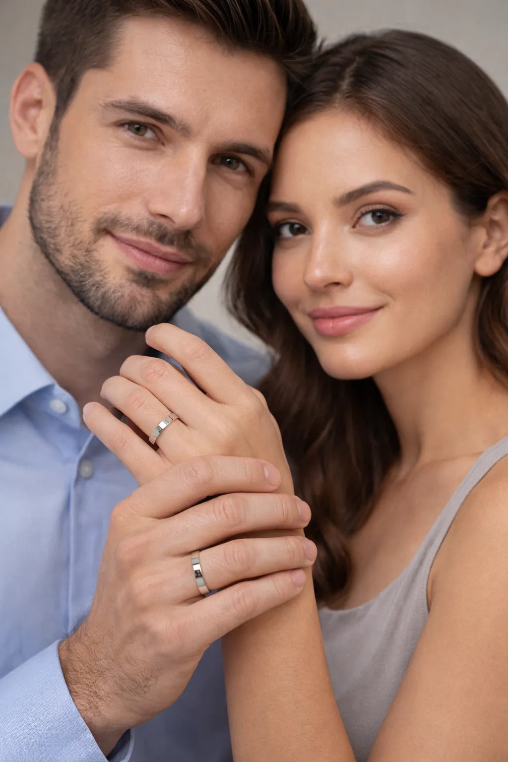 A young couple wearing Holraj's RajBand pure silver ring made in 999 Silver, holding hands with a neutral background