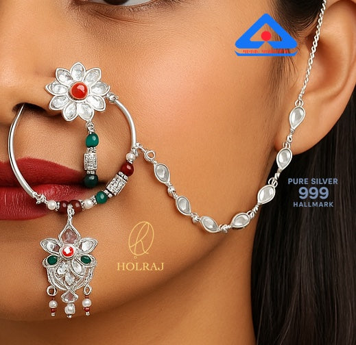Pure 999 silver traditional Indian Nath with floral centerpiece, gemstone pendant, and teardrop-linked chain by Holraj