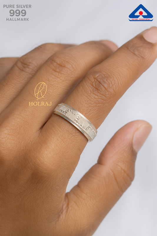 Silver ring on a person's finger with 'HOLRAJ' branding and hallmark details.