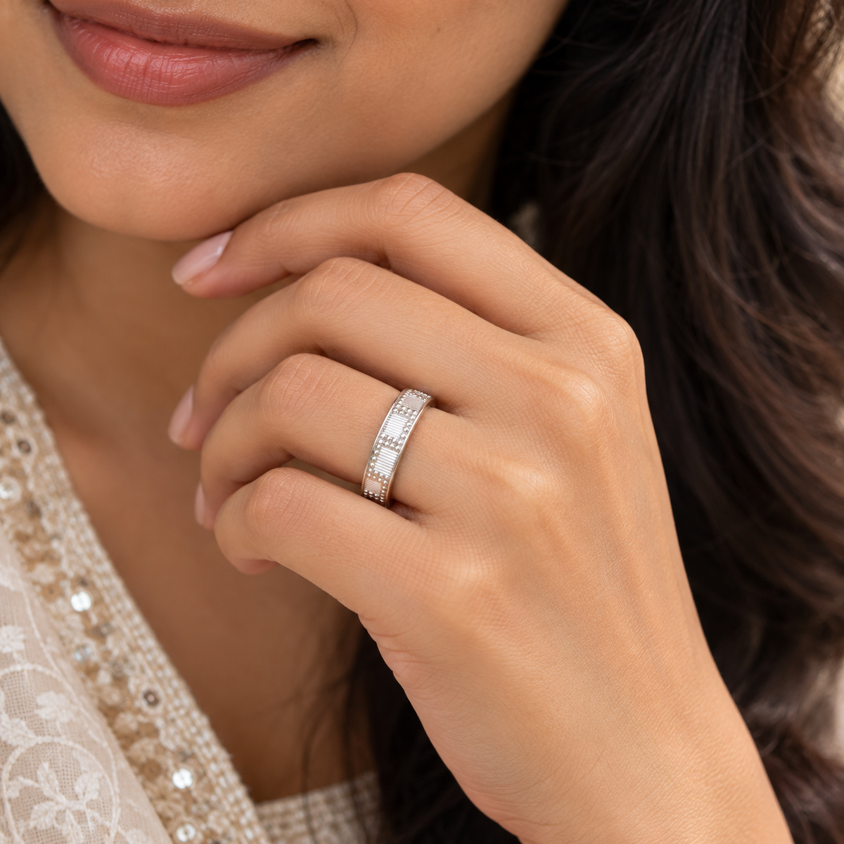 Holraj RajNaksh Pure 999 Silver Ring Showcased by the Gentle Smile of a beautiful modern Indian woman.