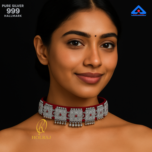 Woman wearing Holraj brande RajRati™ Galoband 999 Hallmark Pure Silver Choker Necklace with Red Accents – Handcrafted Indian Jewellery