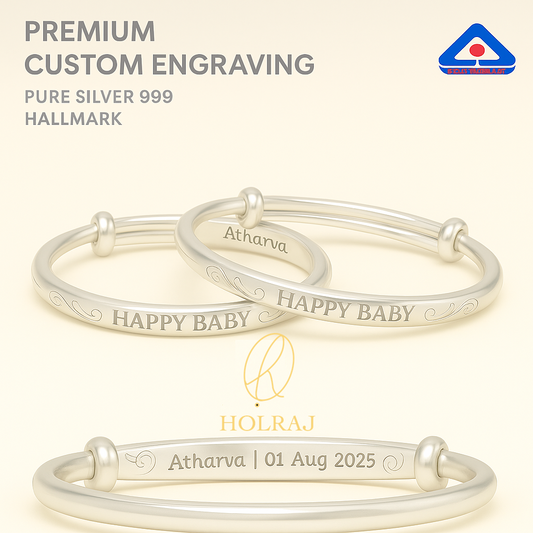 Personalized baby silver kada pair engraved with name and date in Pure 999 silver, perfect for gifting