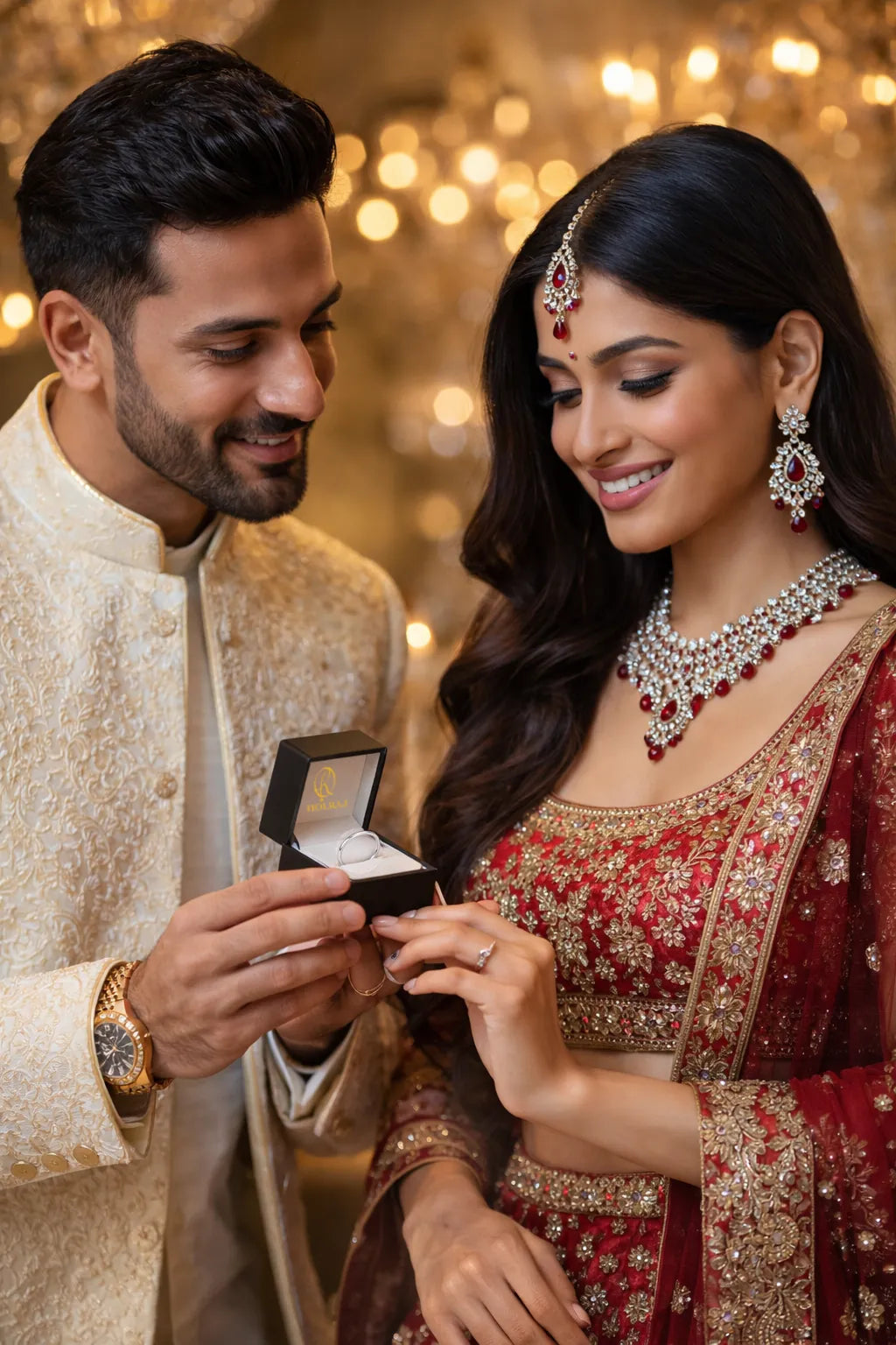 Man gifting a woman in traditional attire a Rajsutra pure 999 silver band ring by Holraj.