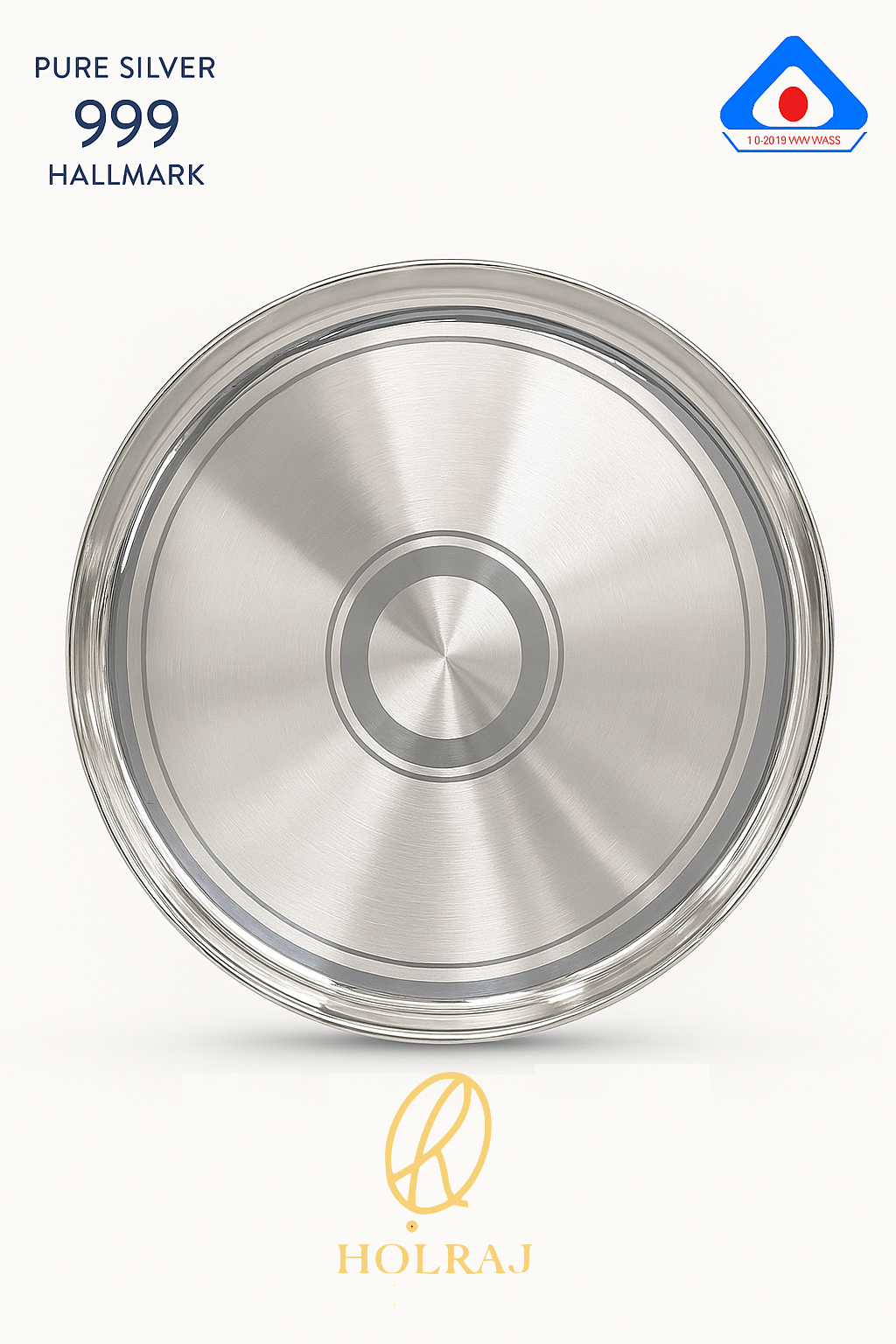 A Holraj branded 6-inch round thali crafted from 999 pure silver with a brushed finish and concentric etchings, certified with BIS hallmark.